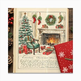 Vintage Christmas Journal Open To A Page Detailing A Festive Winter Holiday Scene Family Gathered B Canvas Print