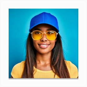 Firefly Headshot, Avatar, Girl, Blue Face Cap, Yellow Sunglasses, Stylish, Vibrant, Colorful, Modern (10) Canvas Print