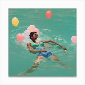 Woman With Green Blue Swimsuit Floating in Water Canvas Print