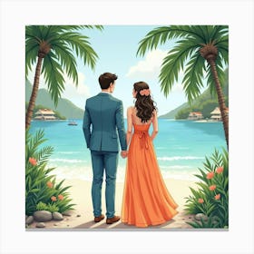 Elegant Couple In Watercolor Outfits, Serene Tropical Paradise 1 Canvas Print