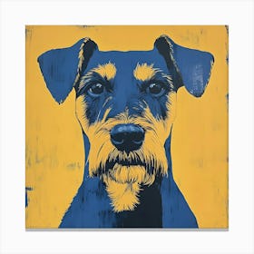 Portrait Of An Airedale In Blue And Yellow 2 Canvas Print