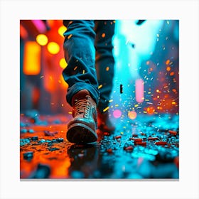 Wreck Havoc AI Art Illustration Photo Realism Gigantic Shoe Stepping on Neon Style With Depth effect and cinematic ambiance. Canvas Print