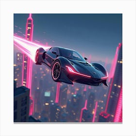 High Tech Flying Car With Glowing Trails, Speeding Above Neon Lit Towers 1 Canvas Print