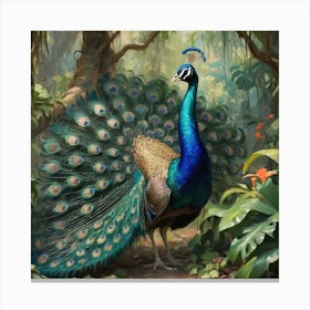 Peacock In The Jungle Canvas Print