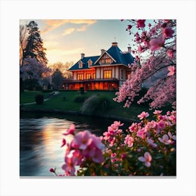 Cherry Blossoms By The Lake Canvas Print