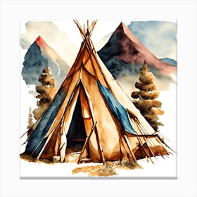 Watercolor Painting Of Indian Style Tent In Mountain Landscape Canvas Print