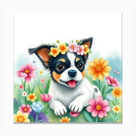 A Whimsical Dog With A Floral Crown, Playing In A Watercolor Garden Of Vibrant Blooms Canvas Print