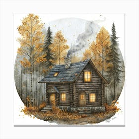 Clipart Depicting A Whimsical Watercolor Illustration Of A Cozy Forest Cabin With Wisps Of Smoke From The Chimney, Warm Lights, Yellow Aspens, Fallen Leaves, Rustic Vibe, Detailed Textures In The Following Colors Saddle Brown, Sandy Canvas Print