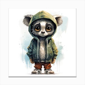 Watercolour Cartoon Lemur In A Hoodie 1 Canvas Print