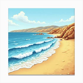 Spanish Coastline With Watercolor Waves And Golden Beaches Canvas Print