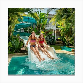 Two Girls On A Water Slide Canvas Print