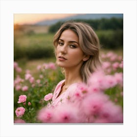 Portrait Of A Woman In Pink Flowers Canvas Print