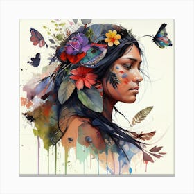 Watercolor Floral Indian Native Woman #15 Canvas Print