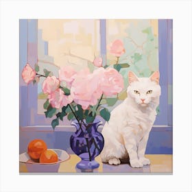 White Cat With Roses Canvas Print
