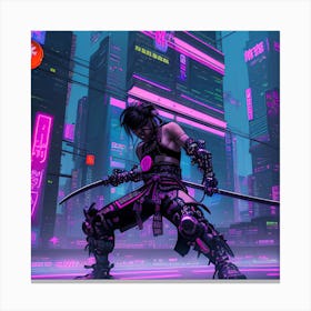 Cyberpunk Samurai In A Neon Lit Megacity in A Futuristic World Of Dazzling Neon Lights Canvas Print