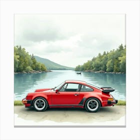 Elegant Sports Car By A Serene Lakeside, Watercolor Painting 1 Canvas Print