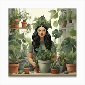 Girl With Potted Plants Canvas Print