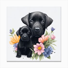 Black Labrador Puppy And Flowers Canvas Print