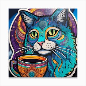 Cat With A Cup Of Coffee Whimsical Psychedelic Bohemian Enlightenment Print 5 Canvas Print