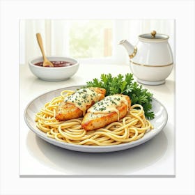 Watercolor Art Of A Savory And Creamy Chicken Alfredo On A Chic Kitchen Countertop Canvas Print