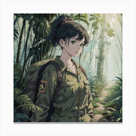 Jungle Expedition: A Green Ponytailed Girl In A Camouflage Jumpsuit Ventures Into The Heart Of The Rainforest Canvas Print