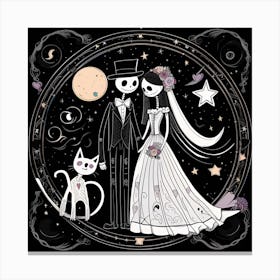 Skeleton Bride And Groom with cat whimsical minimalistic line art Canvas Print