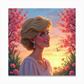 Princess Diana Smiling With A Watercolor Sunset Sky And Blooming Colorful Trees Canvas Print