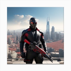 The Image Depicts A Man In A Black Suit And Helmet Standing In Front Of A Large, Modern Cityscape 5 Canvas Print