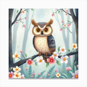 A Whimsical Owl With Glowing Eyes, Perched On A Branch Of Pastel Flowers In A Watercolor Forest Canvas Print