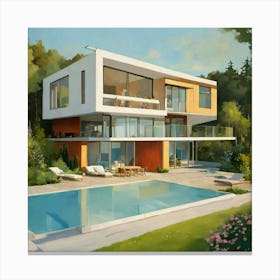 Modern House With Pool Canvas Print