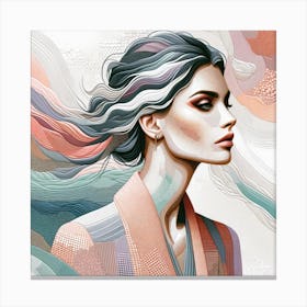 "Whispers of Elegance" - This artwork is a mesmerizing portrayal of modern femininity, featuring a woman's profile in a tapestry of pastel waves that flow like silk. Her hair and attire blend seamlessly into a sea of soft textures and subtle patterns, evoking a serene yet dynamic presence. The piece's soothing color palette and intricate linework reflect a sophisticated synthesis of realism and abstract art. It's an ideal choice for those who appreciate the grace of contemporary design and the delicate balance between detail and abstraction. "Whispers of Elegance" is a testament to the quiet power of beauty, inviting contemplation and adoration in any space it adorns. Canvas Print