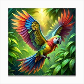 Rainbow Macaw Flying In Lush Green Jungle Canvas Print