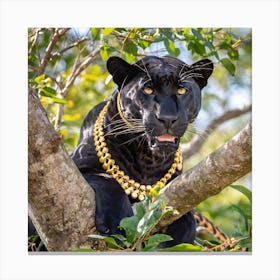 Black Jaguar With Gold Necklace Perched In Tree Canvas Print