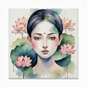 Chinese Girl With Lotus Flowers 1 Canvas Print