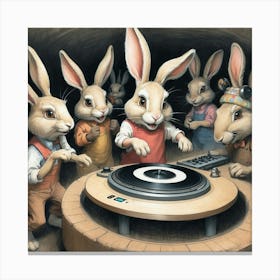 Rabbits At The Turntable Canvas Print