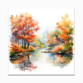 Watercolor Autumn Trees By The River Canvas Print