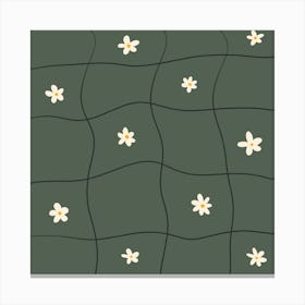 Wavy Grid With Daisies Green Canvas Print