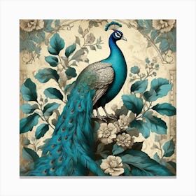 Turquoise Peacock Vintage Wallpaper With Leaves Art Print 1 Canvas Print