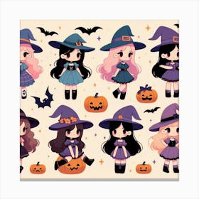 Cute Halloween Witches - Vector style Illustration Canvas Print