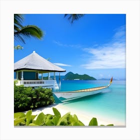 Tropical Beach With White Hut Canvas Print