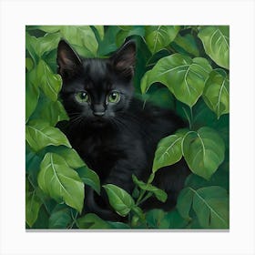 Black Kitten In Green Leaves 1 Canvas Print