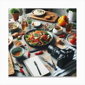 A Food Influencer’s Creative Process: A Behind-the-Scenes View of a Camera and a Notepad on a Table with Food and Ingredients Canvas Print