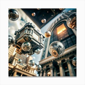 Floating Cube With Reflective Spheres In A City Setting Canvas Print