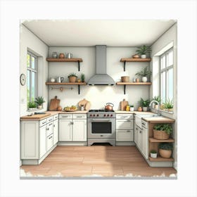 Inviting Watercolor Kitchen, Modern Charm With Soft Hues 1 Canvas Print