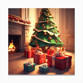 Christmas Presents Under Christmas Tree At Home Next To Fireplace Low Poly Isometric Art 3d Art Canvas Print