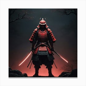 Lonely Japanese Red Samurai Warrior Stand In Dark Art 2 Canvas Print