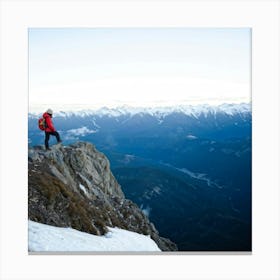 Mountaineer On Top Of Mountain Canvas Print