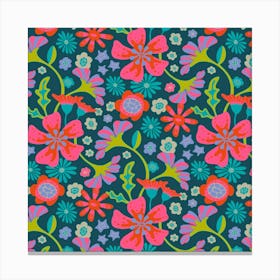 POP FLORAL Bright Retro Flowers in Fuchsia Hot Pink Coral Red Purple Orange Turquoise Gray Blue on Dark Blue Canvas Print