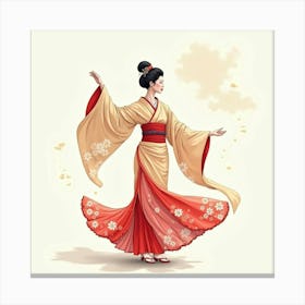 Graceful Geisha Performing A Traditional Dance, Flowing Robes In Soft Watercolor 1 Canvas Print