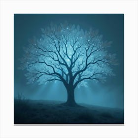 An Ethereal Tree With Bioluminescent Leaves Casting A Magical Glow Over A Misty Landscape 1 Canvas Print